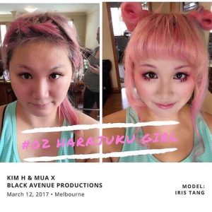 Melbourne make up artist before and after shot with a pink hair bride
