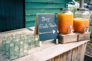 image of vintage mobile bar cart with dry fruit punch at Baxter Barn