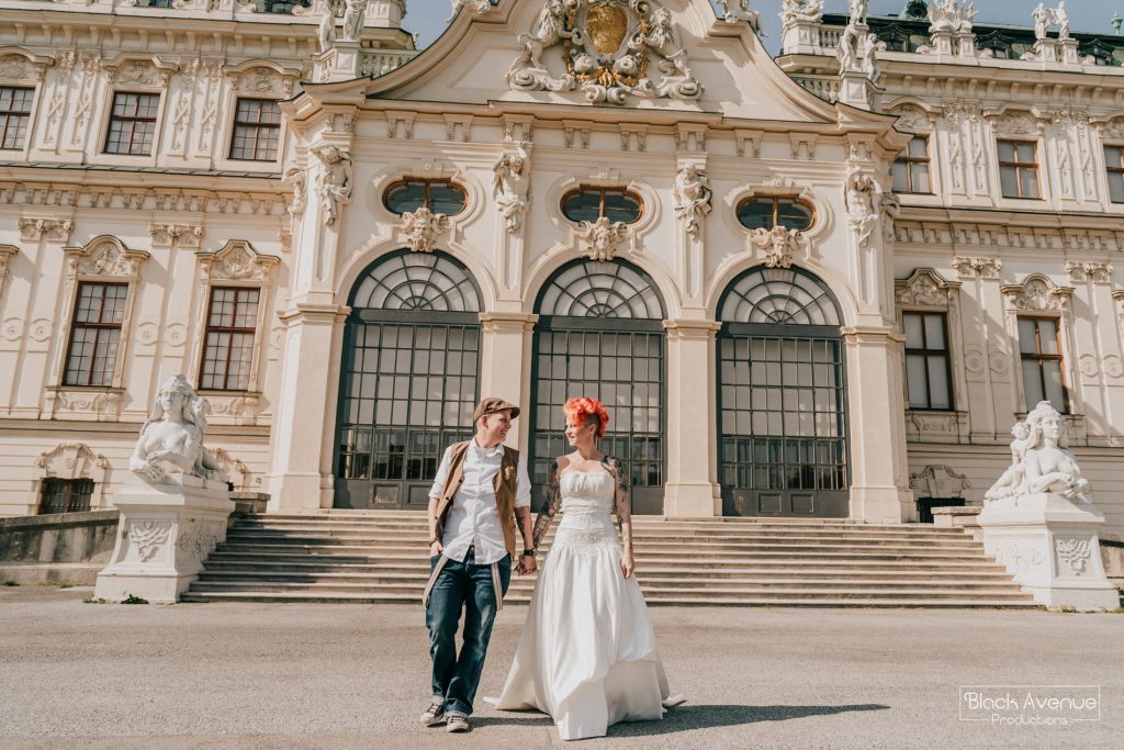 lesbian couple having wedding photo in Vienna capture by destination wedding photographers from Black Avenue Productions in rock and roll style