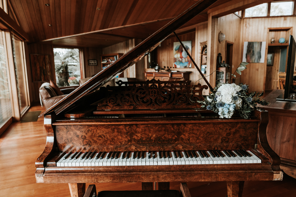 beautiful home setting for wedding day ceremony at Kangaroo Manor in Victoria with a grand piano captured by Black Avenue Productions