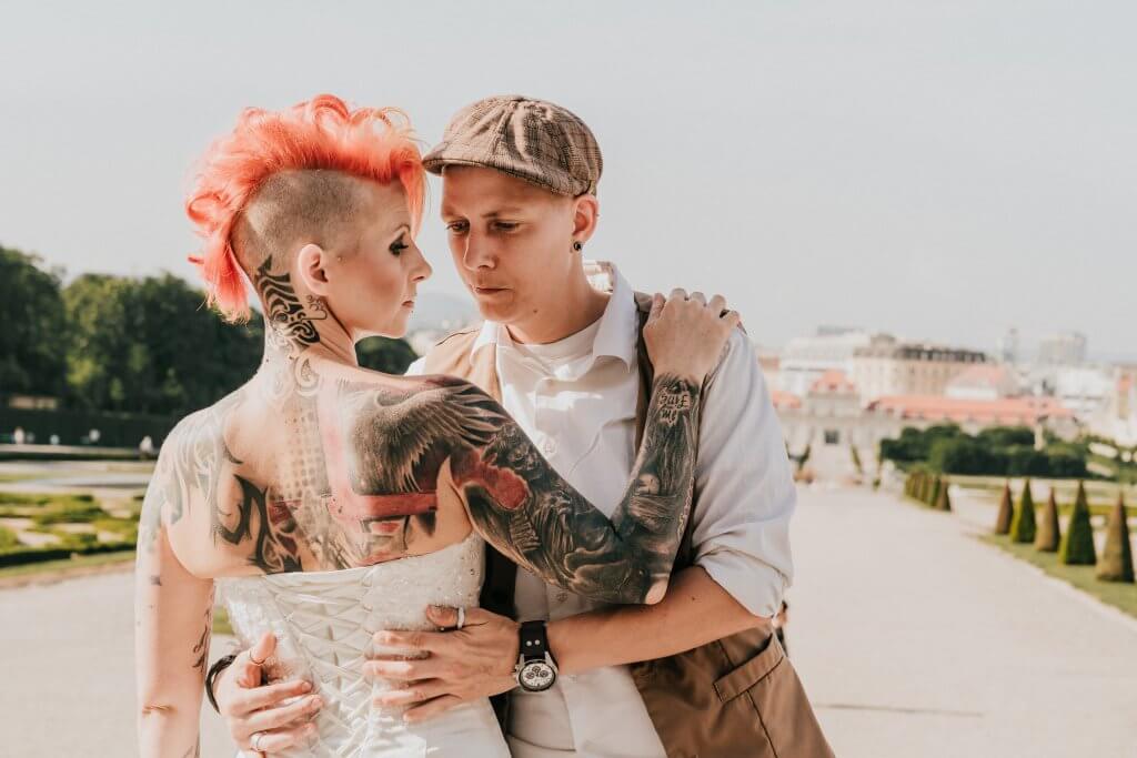 Same sex couple pose for their Vienna destination wedding photo shoot by Melbourne photographer Derek Chan and Lowina Blackman from Black Avenue Productions