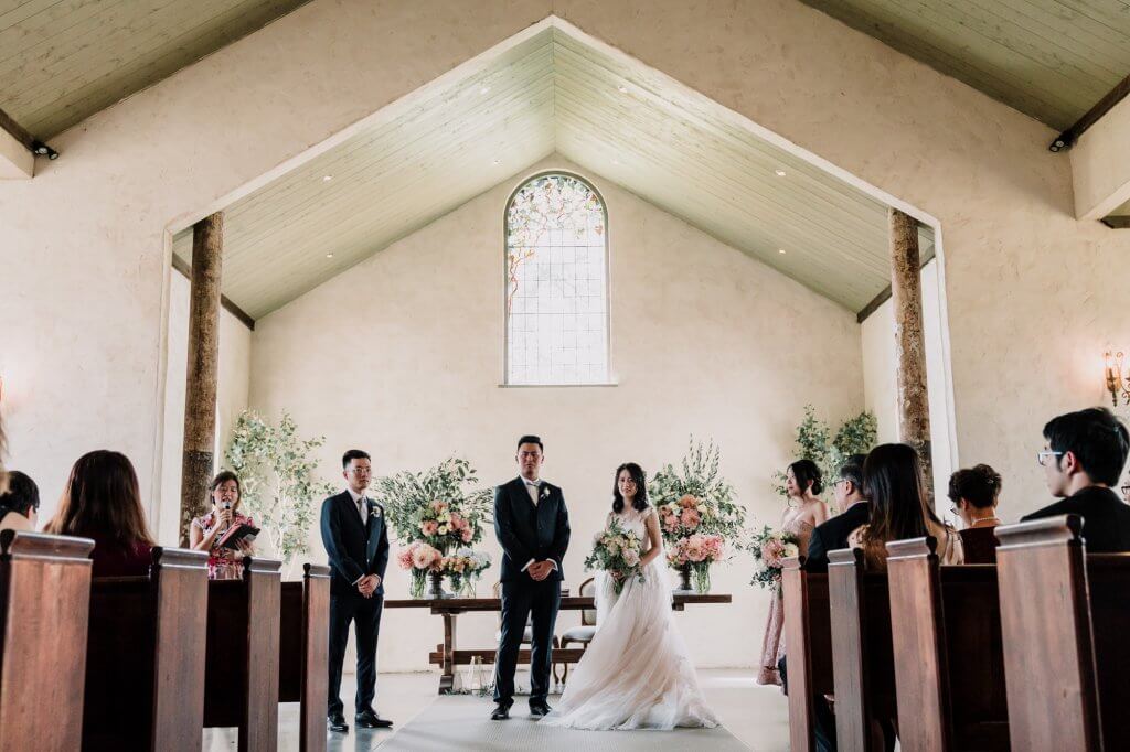 wedding ceremony Stones of Yarra Valley chapel rustic venue taken by Derek Chan from Black Avenue Productions