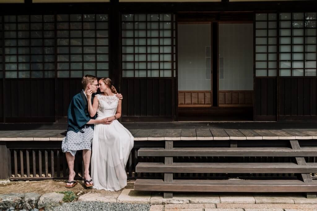 Destination Wedding Photography, lovely couple posing outside a Japanese house