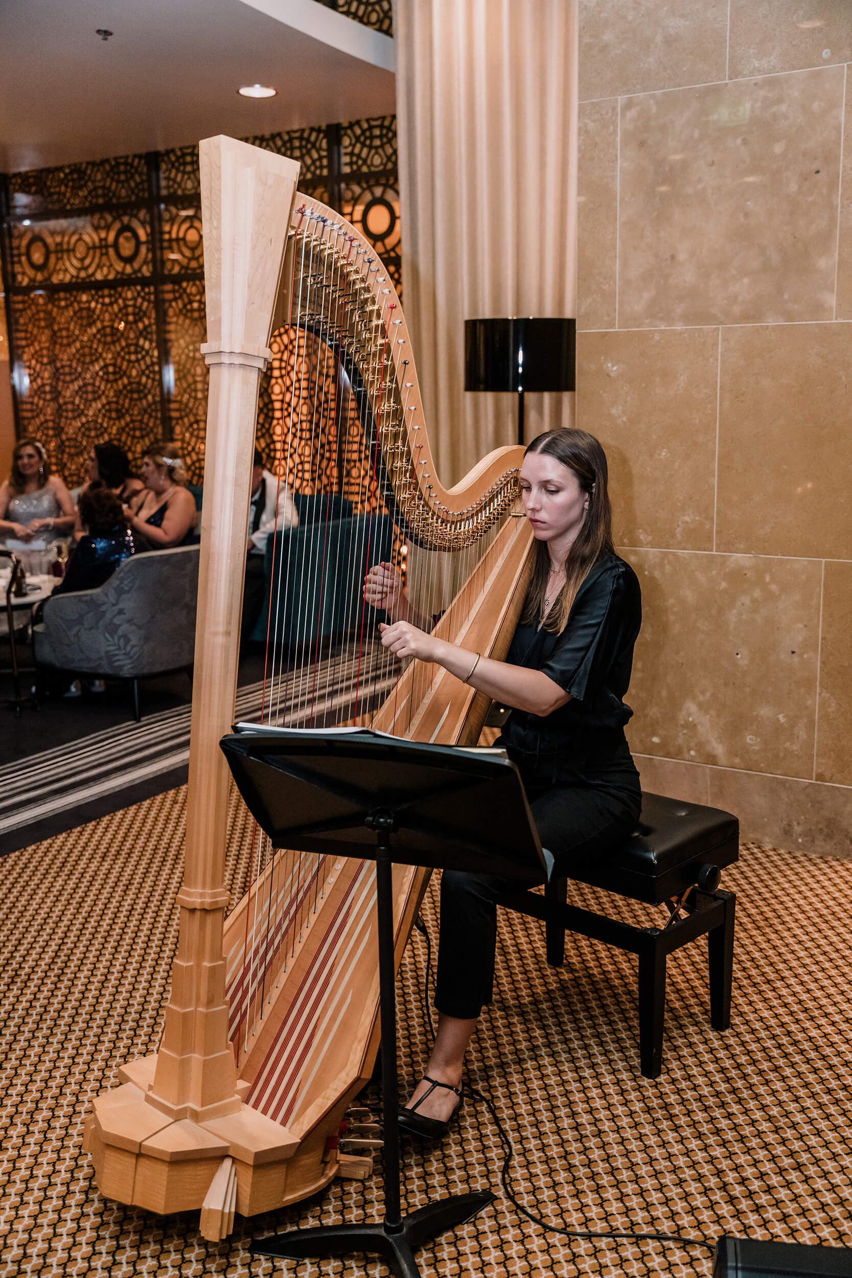 Harp being played to entertain the guests during the reception, captured by Black Avenue Productions