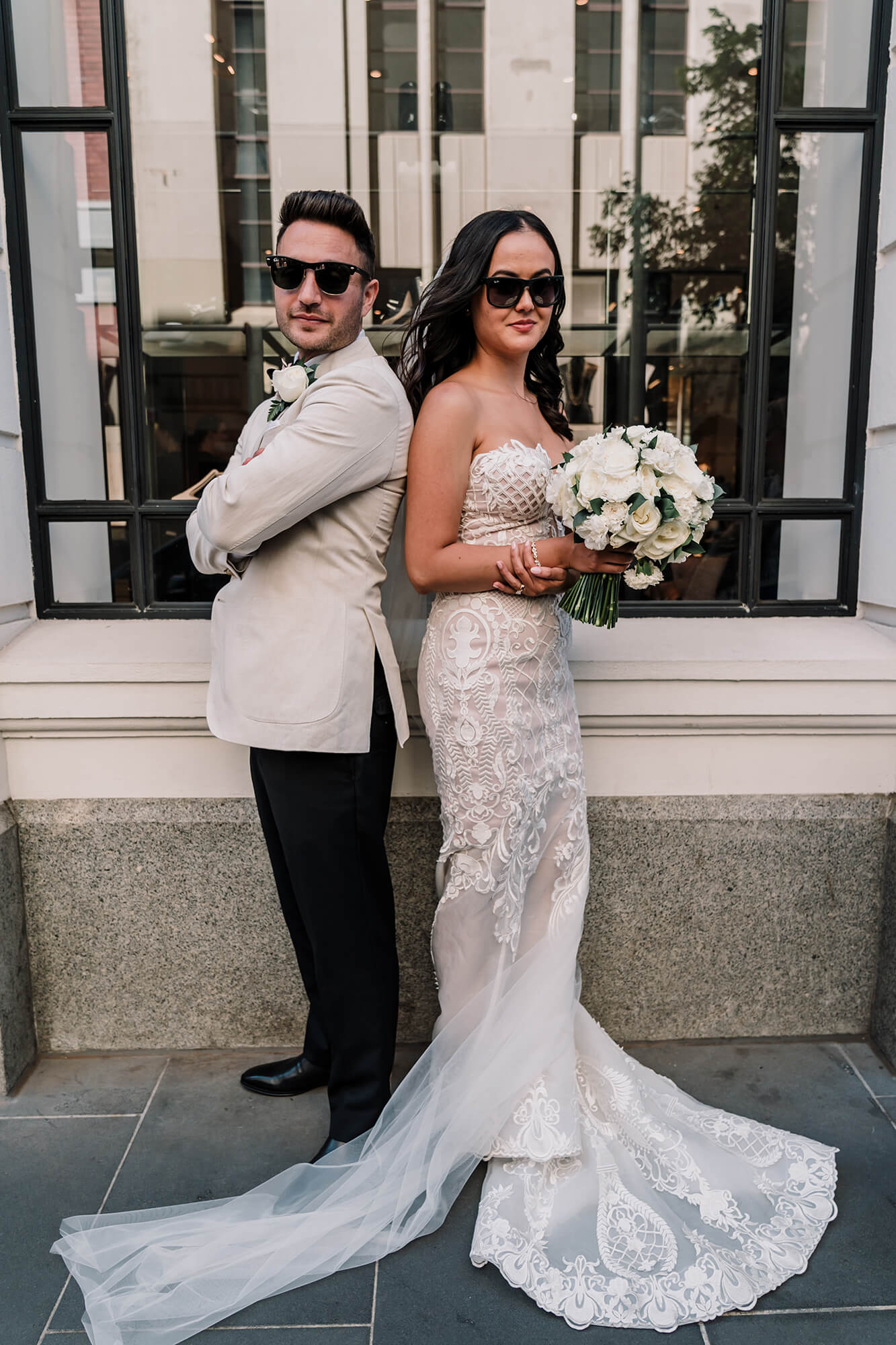 Engagement Photo Ideas, Bride and Groom wears shades in this cool shoot by the alley by Black Avenue Productions