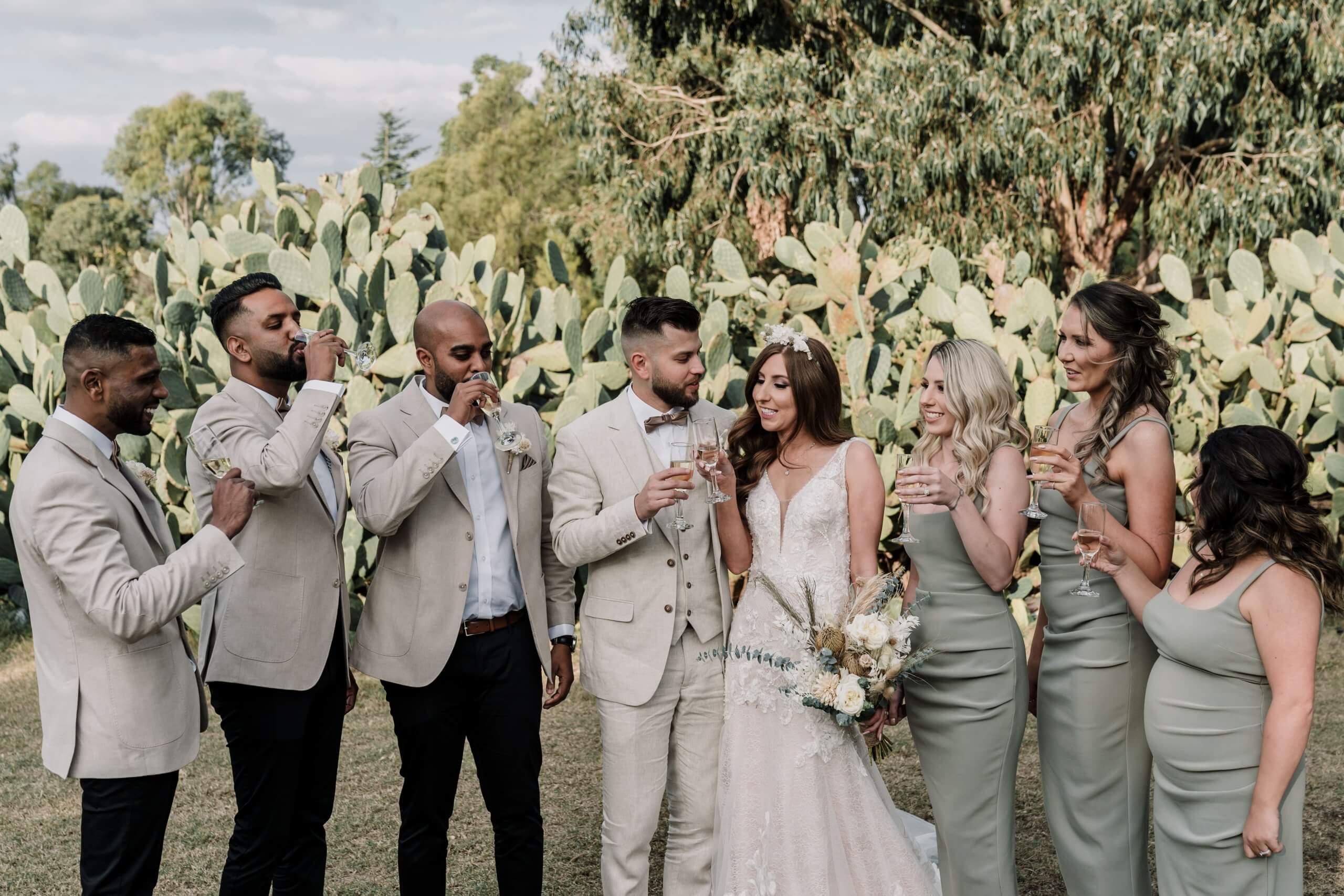 The bridal party holds and toasts flutes of champagne while standing in front of a cactus wall.