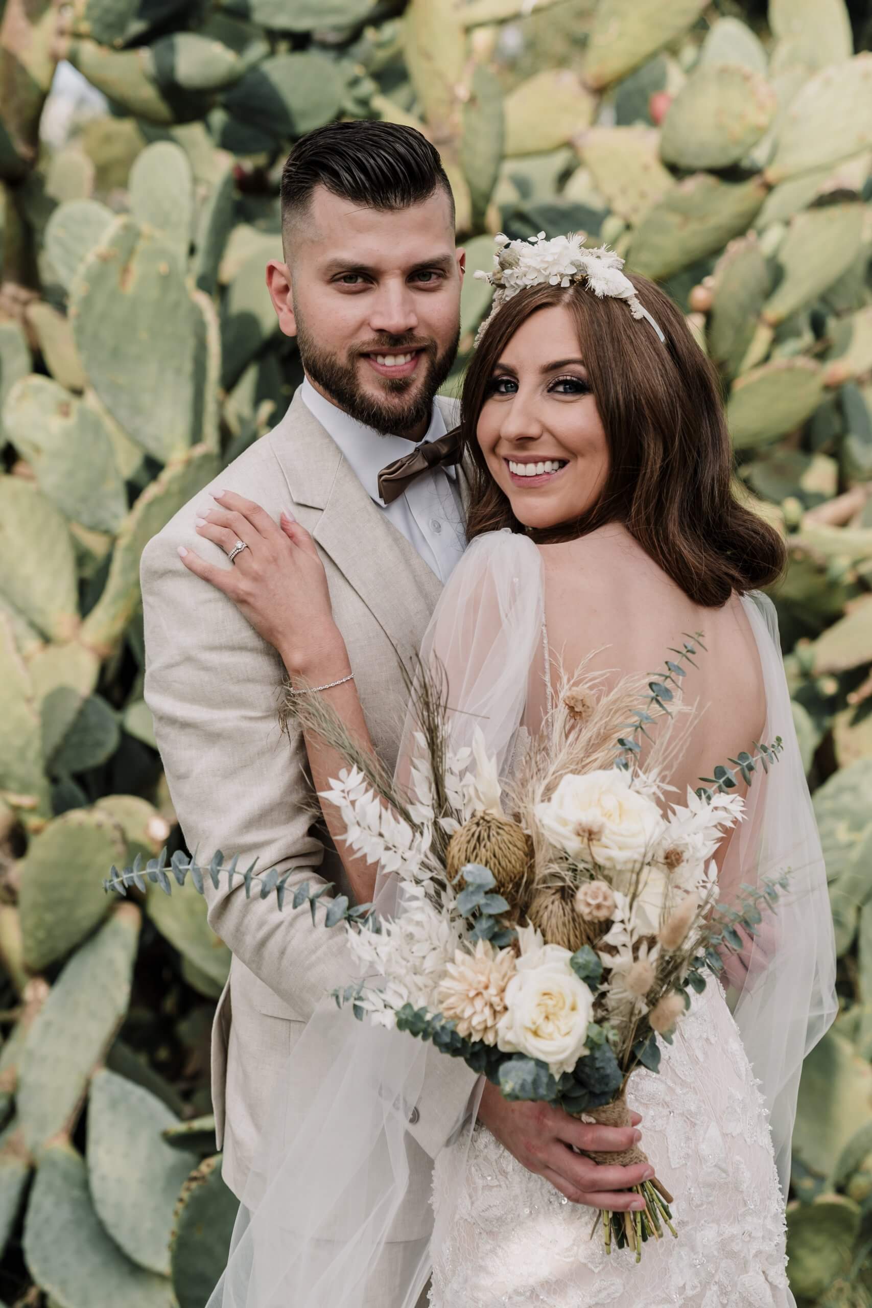 Bride and groom creative session at the cactus garden at Russo Estate